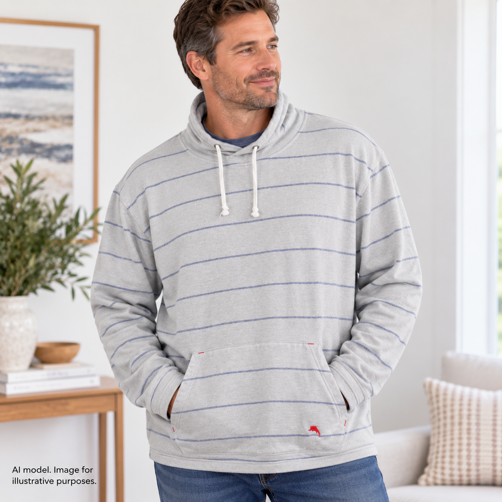 Tommy Bahama Pullover Sweater Mens 2XL Gray Striped Funnel Neck Kangaroo Pocket